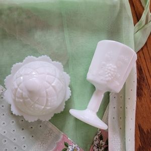 Vintage Milk Glass Duo ~ Goblet & Westmoreland Thumbelina Butter Dish